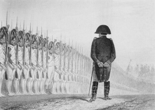 A sketch of Napoleon Bonaparte facing away from the view toward his soldiers.