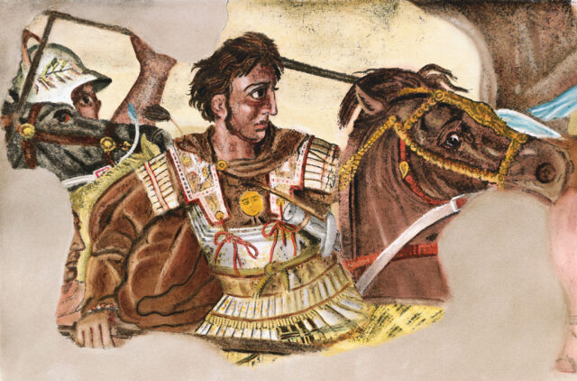 Mosaic showing Alexander the Great in armor riding on a horse. 