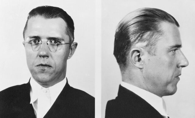 Headshot of Alvin Karpis in a suit and glasses from the front and side.
