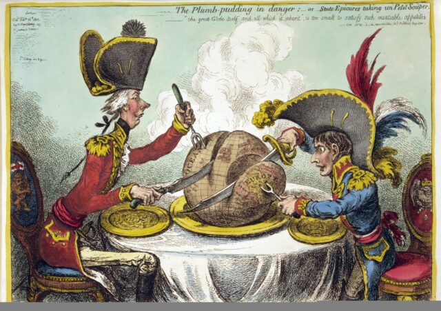 Illustration of British Prime Minister William Pitt the Younger and Napoleon Bonaparte carving the world on a table.