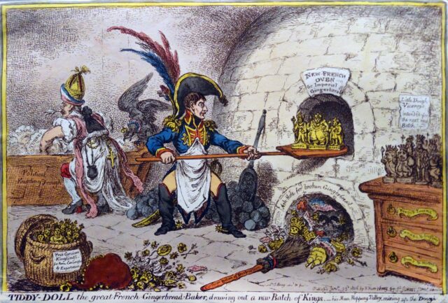 Illustration of Napoleon baking kings in a stone oven.