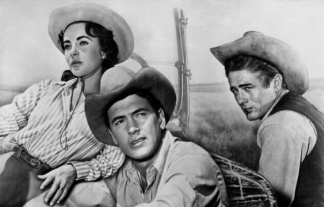Elizabeth Taylor, Rock Hudson, and James Dean in western clothing for a promo photo of the film 'Giant'