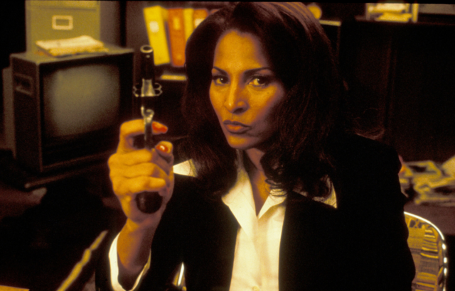 Pam Grier as Jackie Brown in a publicity still for Jackie Brown. 