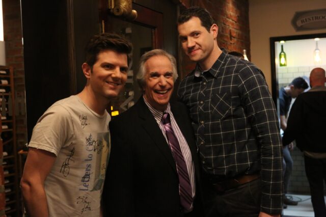 Behind the scenes shot of Winkler with Adam Scott and Billy Eichner 