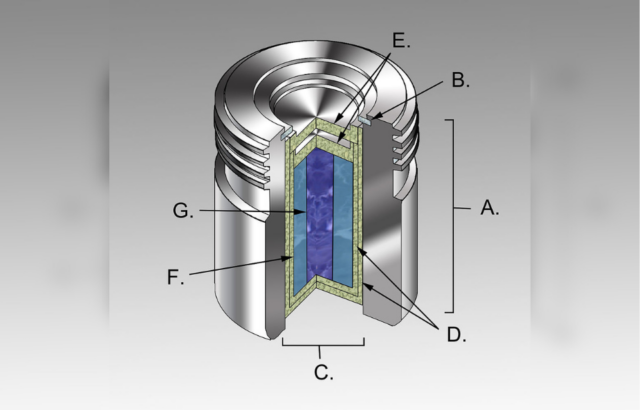 A diagram of a typical radiation capsule. A.) an international standard source holder (usually lead),B.) a retaining ring, and C.) a teletherapy "source" composed of D.) two nested stainless steel canisters welded to two E.) stainless steel lids surrounding an F.) internal shield (usually uranium metal or a tungsten alloy) that protects a G.) cylinder of radioactive source material, often but not always cobalt-60. The diameter of the "source" is 30mm.