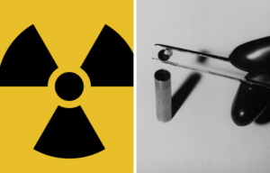 Left: Radioactive symbol Right: A radioactive substance is poured into a tantalum capsule, unknown date.