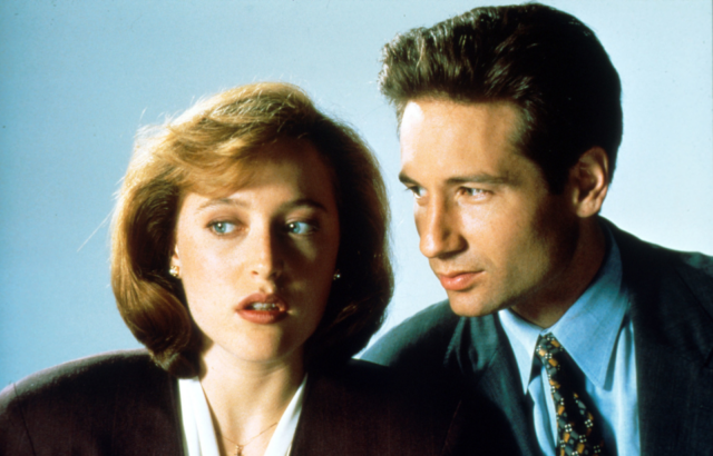 Gillian Anderson and David Duchovny in a Season 1 promo shot for The X-Files.