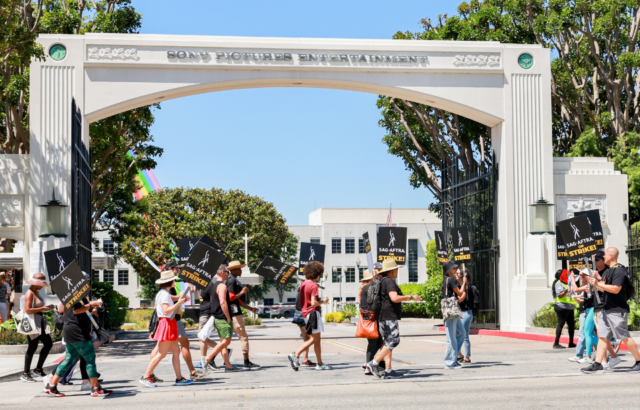 SAG-AFTRA and WGA members walk the picket line outside Sony Pictures, on July 13, 2023 in Los Angeles, California.