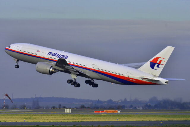 A Malaysia Airlines Boeing 777 taking off.