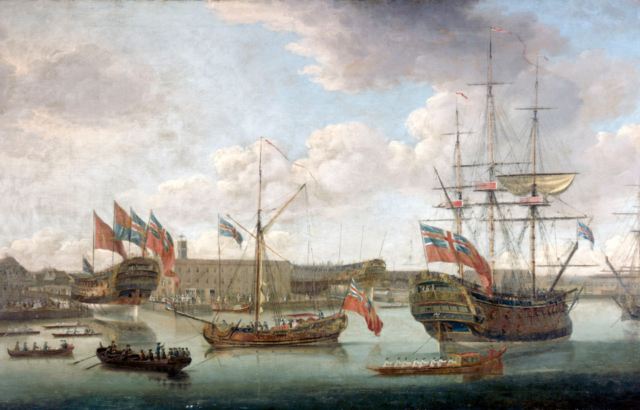 Depiction of Deptford Dockyard, where Merchant Royal was built. Painitng by John Cleveley the Elder.