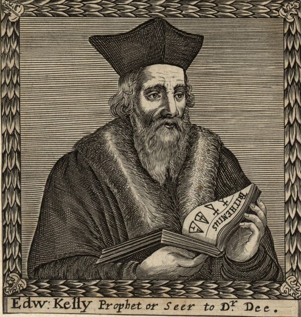Line drawing of Edward Kelley in a robe, holding out an open book.