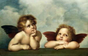 Painting of two cherubs leaning on something.