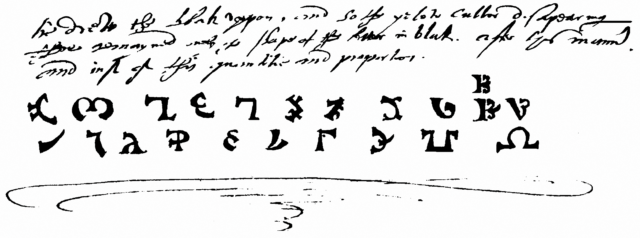 Handwritten text over two rows of Enochian letters.