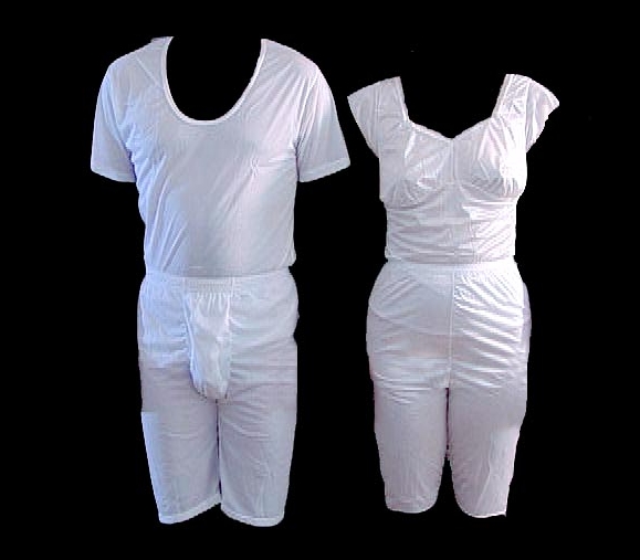 Male and female Mormon underwear, both white shorts and a t-shirt.
