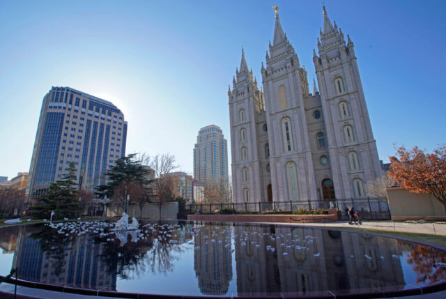 View across a fountain of the Salt Lake City Mormon Temple. 