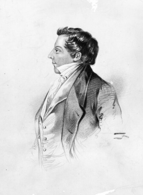 Side profile drawing of Joseph Smith in a jacket, waist coat, and collared shirt. 