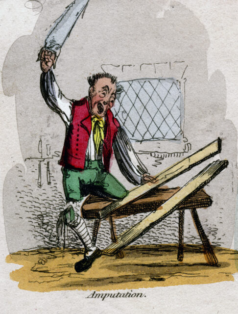 Illustration of a man holding a saw above his head, two wood planks below him.