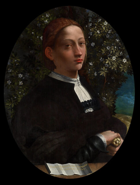 Portrait of Lucrezia Borgia sitting with her hand holding a hilt.
