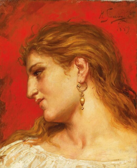 Painting of Phryne, a woman with golden blonde hair, wearing dangling earrings as she looks off to the side.