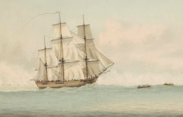 Painting by Samuel Atkins (1787-1808) of 'Endeavour off the coast of New Holland during Cook's voyage of discovery 1768-1771. Inscription on reverse of painting indicates it relates to the grounding of the Endeavour on the Great Barrier Reef in June 1770.