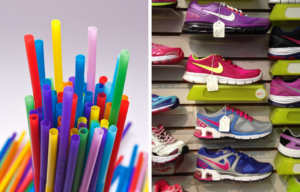 A collection of colorful plastic straws and several running shoes on display.
