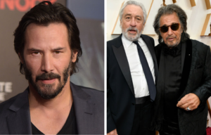 Keanu Reeves at TCL Chinese Theatre on October 7, 2015, left. iRobert DeNiro and Al Pacino posing together in formal suits, right.