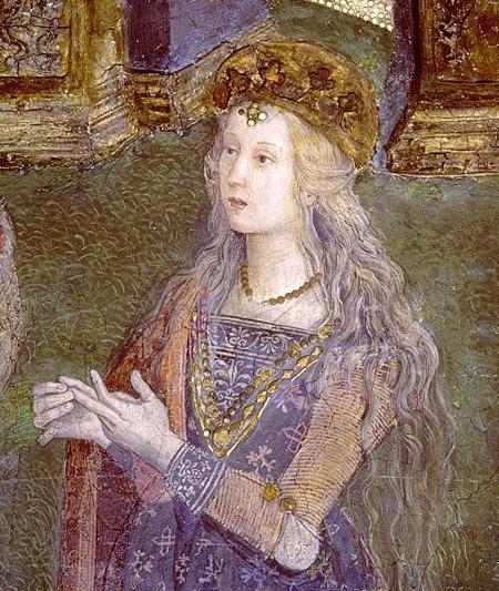 Painting of Lucrezia Borgia wearing a crown and fancy clothes.
