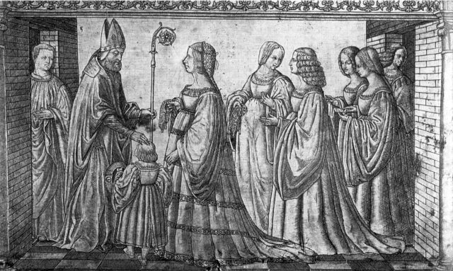 A silver plaque showing Lucrezia presenting her son to San Maurelio with people watching.