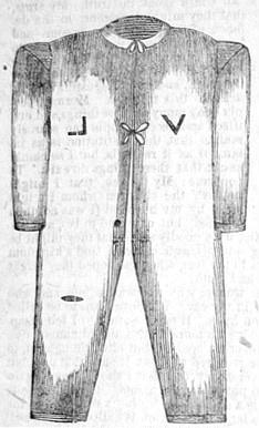 Drawing of a one-piece article of clothing with a high neck and long sleeves.