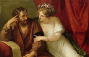 Phryne with her hair tied up in flowers wearing a white gown leans on Xenocrates who wears a brown robe.