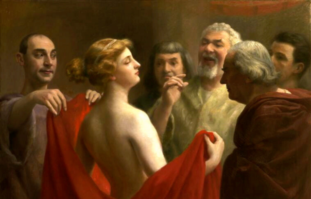 Phryne with her back to the viewer, exposing her chest to a group of men while a red shawl is draped over her shoulders.
