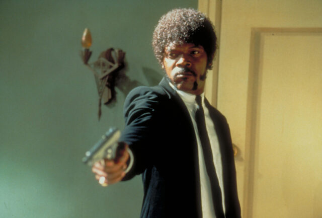 Samuel L. Jackson pointing a gun. 