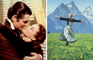 Left: Clark Gable and Vivien Leigh in Gone with the Wind. Right: Julie Andrews in The Sound of Music.