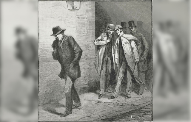 One of a series of images from the Illustrated London News for October 13, 1888 carrying the overall caption, "With the Vigilance Committee in the East End". This specific image is entitled "A Suspicious Character".