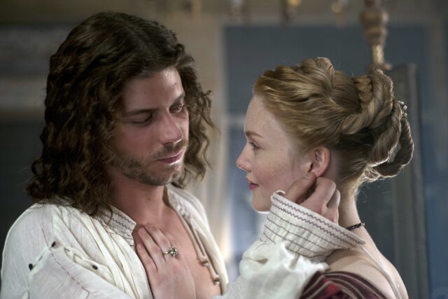 Actor Francois Arnaud touches actor Holliday Grainger as they portray Cesare and Lucrezia Borgia respectively.