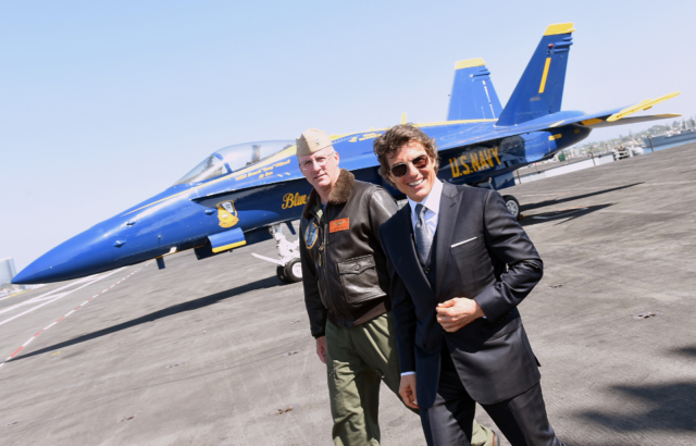 Tom Cruise and the Commanding Officer of the USS Carl Vinson (CVN-70), P. Scott Miller, aboard the carrier in San Diego, California, May 4, 2022. 