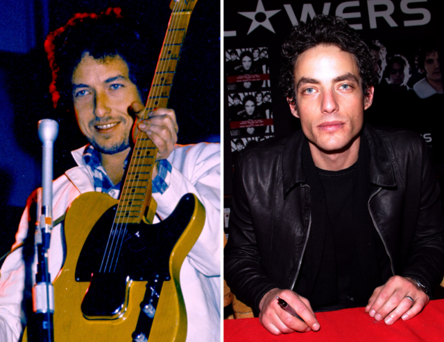 Bob Dylan holding a guitar, headshot of Jakob Dylan