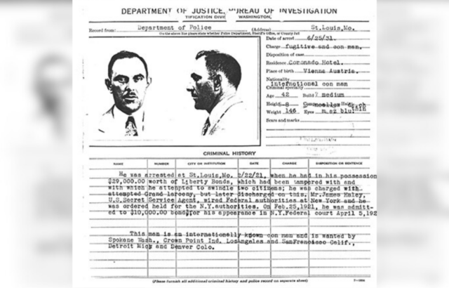 Department of Justice paperwork which describes Victor Lustig as an internationally known con man, 25 June 1931.