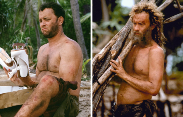 Two photos of Tom Hanks on set of 'Cast Away'