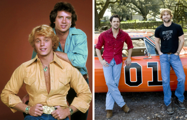 Tom Wopat and John Schneider as Luke and Bo Duke in 'The Dukes of Hazzard + Johnny Knoxville and Seann William Scott in 'The Dukes of Hazzard'