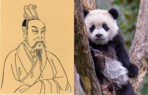 An illustration of Emperor Wen of Han. A giant panda cub sitting in a tree.