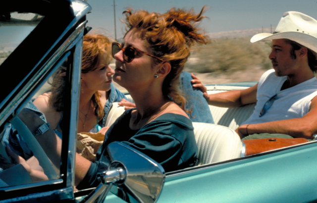 Susan Sarandon (Louise), Geena Davis (Thelma), and Brad Pitt (JD) in a still from Thelma and Louise.
