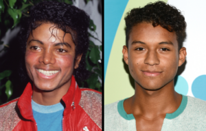 Michael Jackson smiling + Jaafar Jackson standing on a red carpet