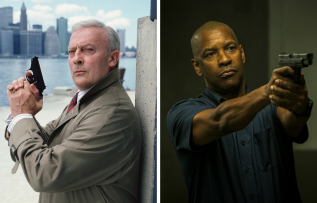 Edward Woodward as Robert McCall in 'The Equalizer' + Denzel Washington as Robert McCall in 'The Equalizer'