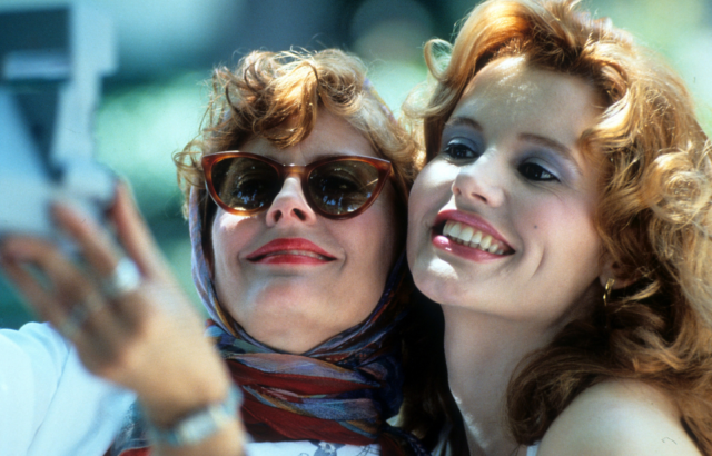 Susan Sarandon and Louise Sawyer and Geena Davis as Thelma Dickinson in a still from Thelma & Louise. 