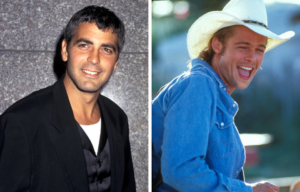George Clooney, left, at the 12th Annual MTV Video Music Awards, September 7, 1995, and Brad Pitt, right, in a still from Thelma & Louise.