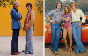 David Soul and Paul Michael Glaser as Kenneth Hutchinson and David Starsky in 'Starsky & Hutch' + Catherine Bach, John Schneider and Tom Wopat as Daisy, Bo and Luke Duke in 'The Dukes of Hazzard'