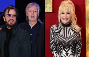 Ringo Starr and Paul McCartney standing together + Dolly Parton standing on a red carpet
