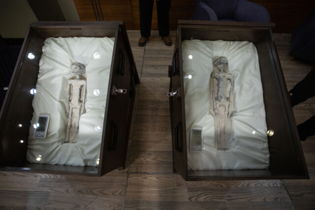 Two alleged alien corpses in caskets