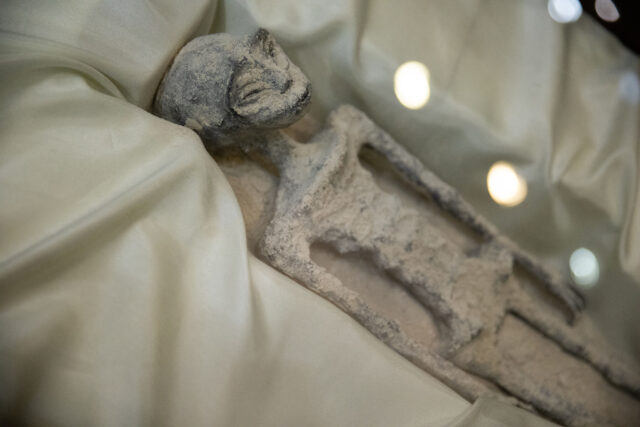 Body of an alleged alien lying in a casket